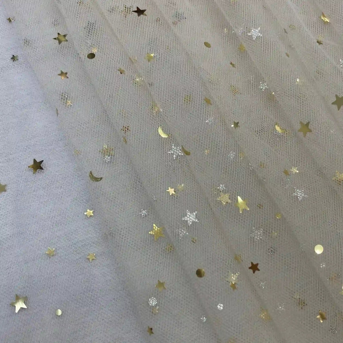 Longan Craft's Moon Star Sequins Tulle Fabric By The Yard features multicolor glitter stars and moons on soft tulle, ideal for stage costumes and dancewear. Add a dreamy touch to any design with this enchanting material.