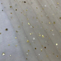 Longan Craft's Moon Star Sequins Tulle Fabric By The Yard features multicolor glitter stars and moons on soft tulle, ideal for stage costumes and dancewear. Add a dreamy touch to any design with this enchanting material.