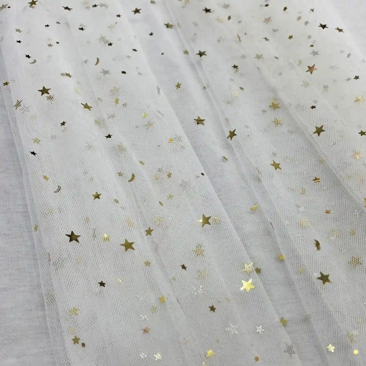 Moon Star Sequins Tulle Fabric by Longan Craft features multicolor glitter moon and star sequins—ideal for stage costumes or creative projects. Sold by the yard, this tulle material adds sparkle to your designs.