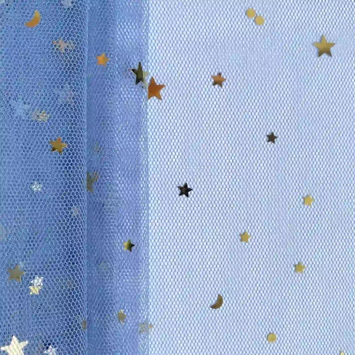 Longan Craft's Moon Star Sequins Tulle Fabric By The Yard features multicolor glitter on fine mesh, perfect for stage costumes. Light filters through the delicate material, creating a dreamy effect for unique designs.