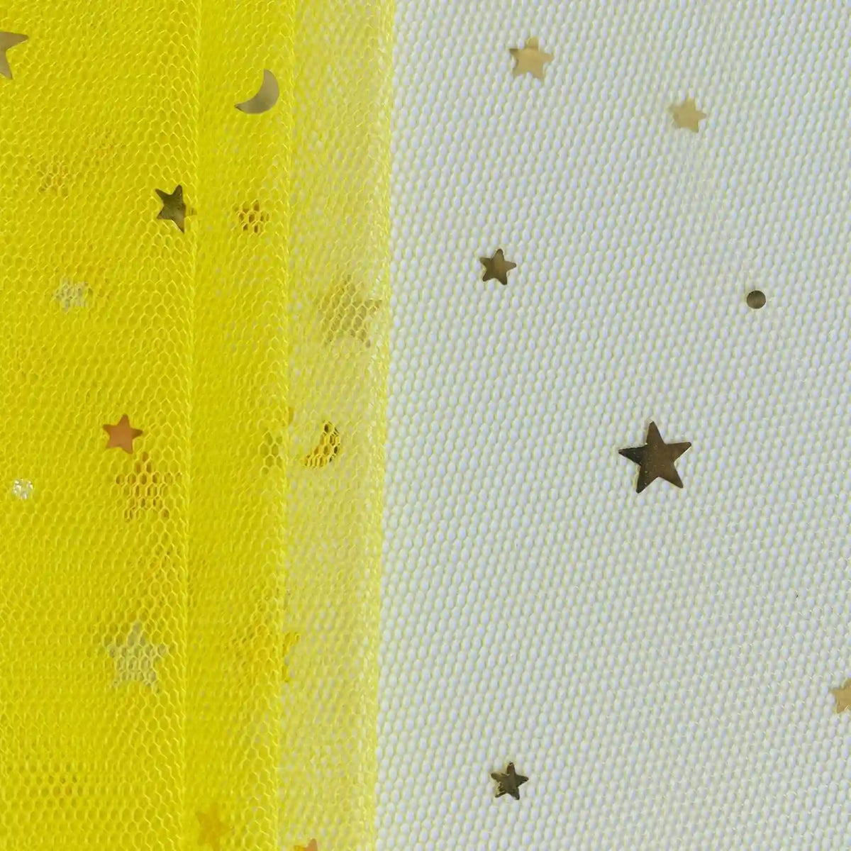 Close-up of Moon Star Sequins Tulle Fabric by Longan Craft, featuring multicolor glitter and star-moon accents—this ideal tulle, sold by the yard, is perfect for stage costumes and dazzling creations.