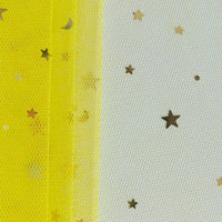 Close-up of Moon Star Sequins Tulle Fabric by Longan Craft, featuring multicolor glitter and star-moon accents—this ideal tulle, sold by the yard, is perfect for stage costumes and dazzling creations.