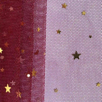 A close-up of Moon Star Sequins Tulle Fabric by Longan Craft shows maroon and white mesh with scattered multicolor gold star sequins—ideal for stage costumes and perfect for creative projects.