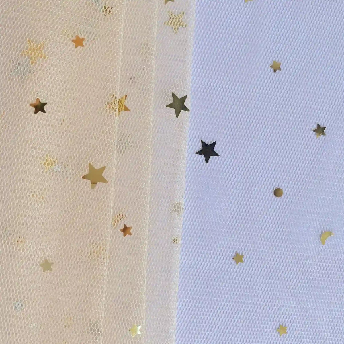 Moon Star Sequins Tulle Fabric By The Yard from Longan Craft features multicolor glitter moon and star shapes on mesh tulle, perfect for stage costumes. This fabric offers a sparkling celestial pattern, ideal for creative and elegant projects.