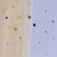 Moon Star Sequins Tulle Fabric By The Yard from Longan Craft features multicolor glitter moon and star shapes on mesh tulle, perfect for stage costumes. This fabric offers a sparkling celestial pattern, ideal for creative and elegant projects.