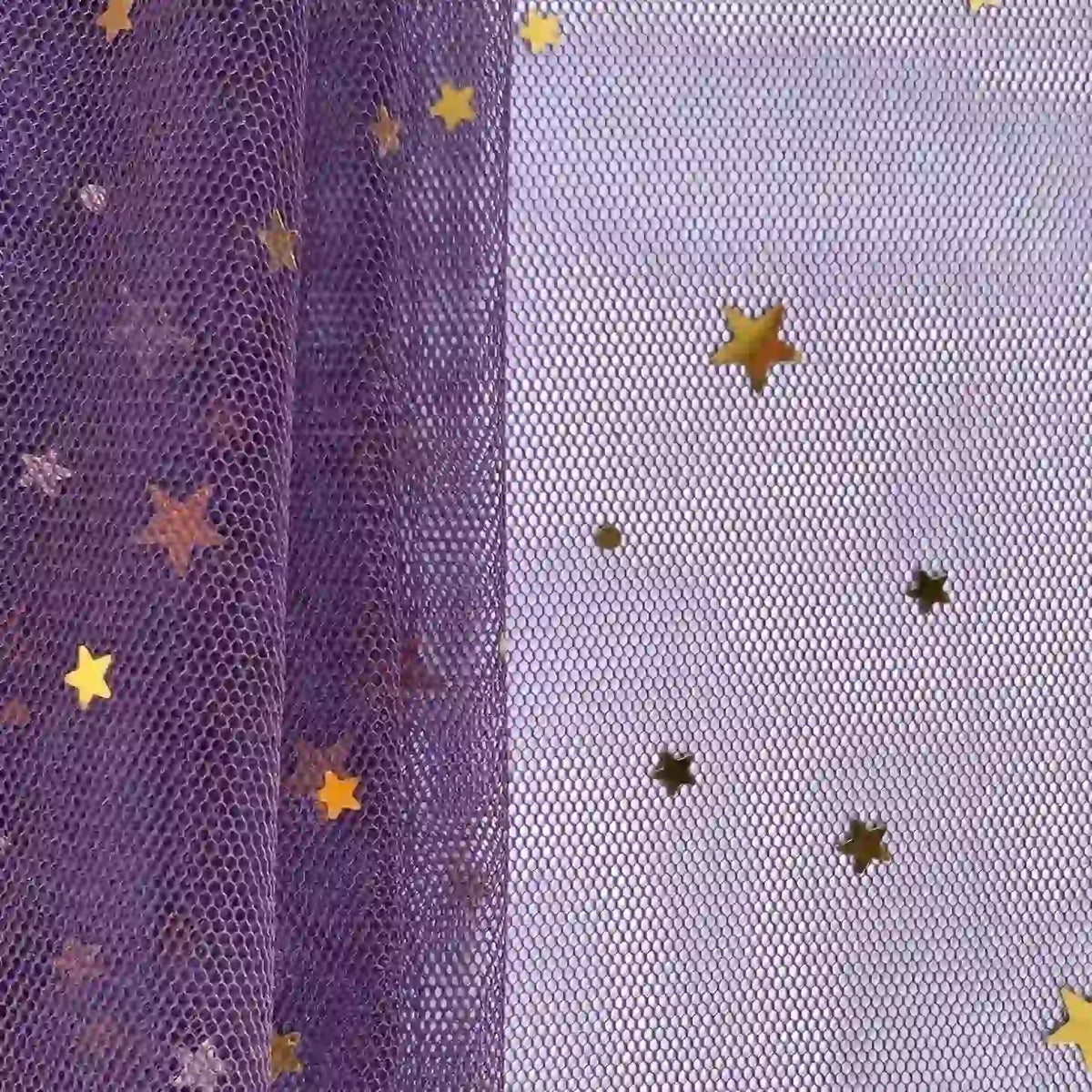 A close-up of Longan Craft’s Moon Star Sequins Tulle Fabric shows purple and white mesh with gold star sequins—perfect for stage costumes or statement designs. This multicolor glitter tulle creates a whimsical, starry effect.