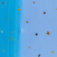 Moon Star Sequins Tulle Fabric by Longan Craft features multicolor glitter stars, dots, and crescent moons on blue mesh—perfect for stage costumes. Partially draped left side adds texture to this whimsical tulle material by the yard.