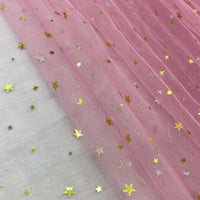 A close-up of Longan Craft's Moon Star Sequins Tulle Fabric By The Yard, a multicolor glitter tulle adorned with celestial sequins—perfect for stage costumes, elegant fashion, and creative projects.