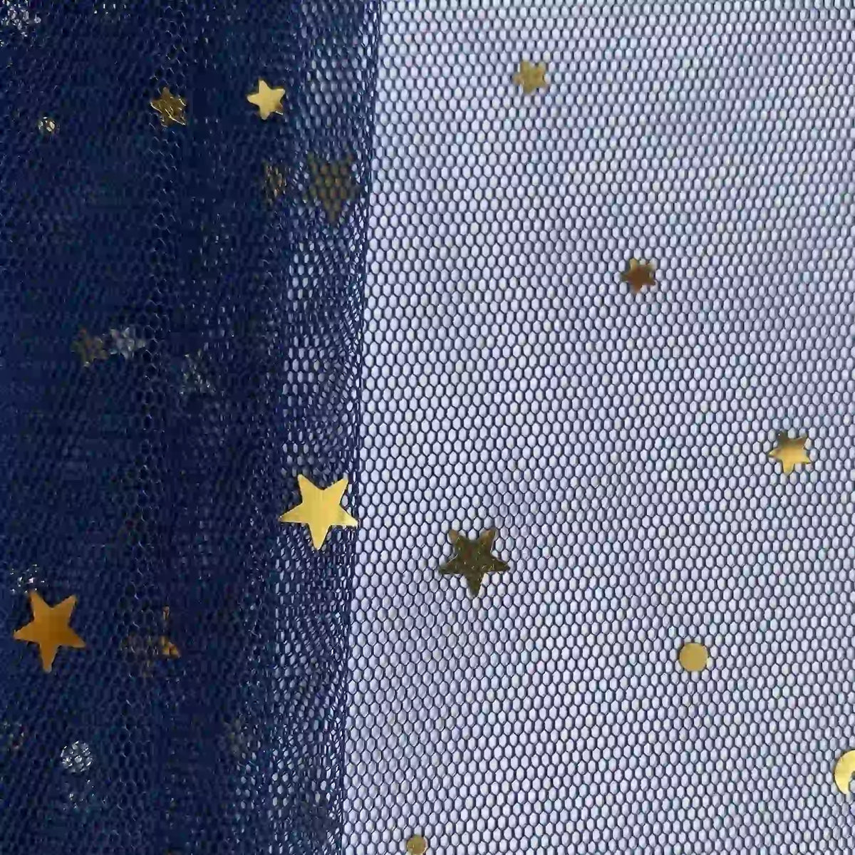 A close-up of Longan Craft’s Moon Star Sequins Tulle Fabric by the yard shows multicolor glitter and small gold star-shaped sequins—an ideal choice for sparkling stage costumes or elegant evening wear.