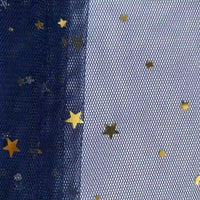A close-up of Longan Craft’s Moon Star Sequins Tulle Fabric by the yard shows multicolor glitter and small gold star-shaped sequins—an ideal choice for sparkling stage costumes or elegant evening wear.