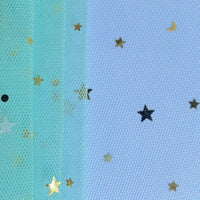 Close-up of Longan Craft’s Moon Star Sequins Tulle Fabric by the Yard, a multicolor glitter tulle material with scattered moon and star confetti—perfect for stage costumes, evening gowns, or dancewear.