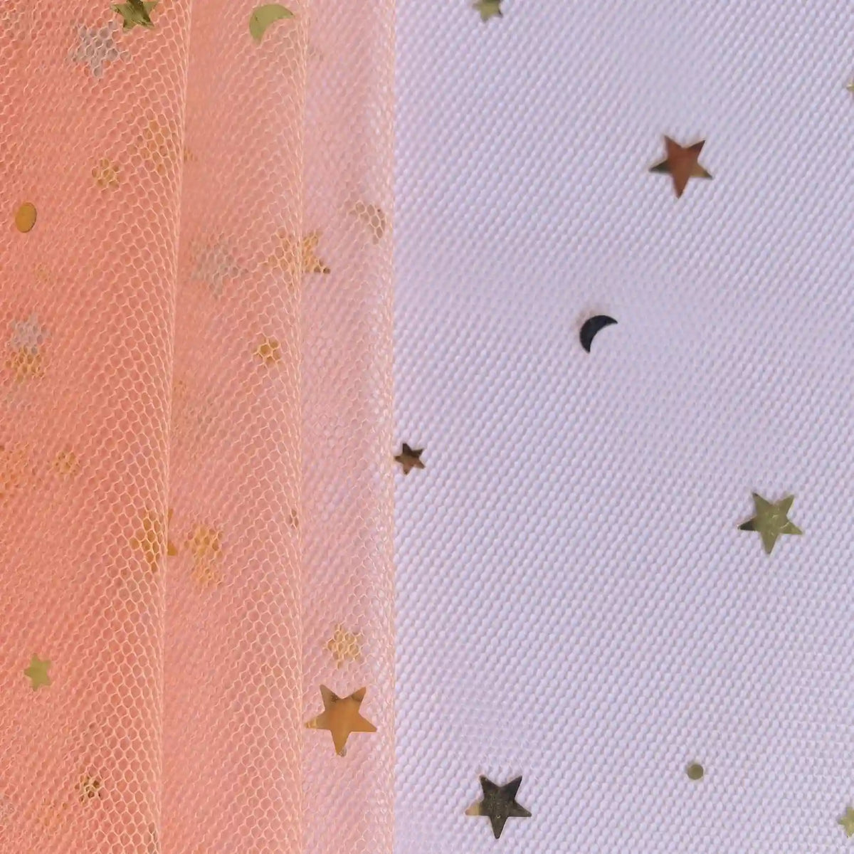 Longan Craft’s Moon Star Sequins Tulle Fabric By The Yard, a multicolor glitter tulle, is shown beside white textured fabric with gold confetti—ideal for stage costumes, elegant dancewear, or dreamy evening gowns.