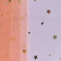 Longan Craft’s Moon Star Sequins Tulle Fabric By The Yard, a multicolor glitter tulle, is shown beside white textured fabric with gold confetti—ideal for stage costumes, elegant dancewear, or dreamy evening gowns.