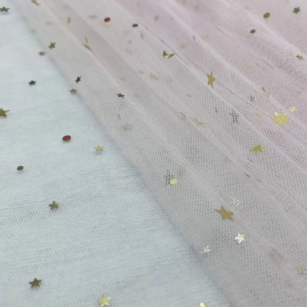 Moon Star Sequins Tulle Fabric By The Yard by Longan Craft features multicolor glitter tulle with moon and star accents—ideal for stage costumes, evening gowns, or whimsical dancewear.
