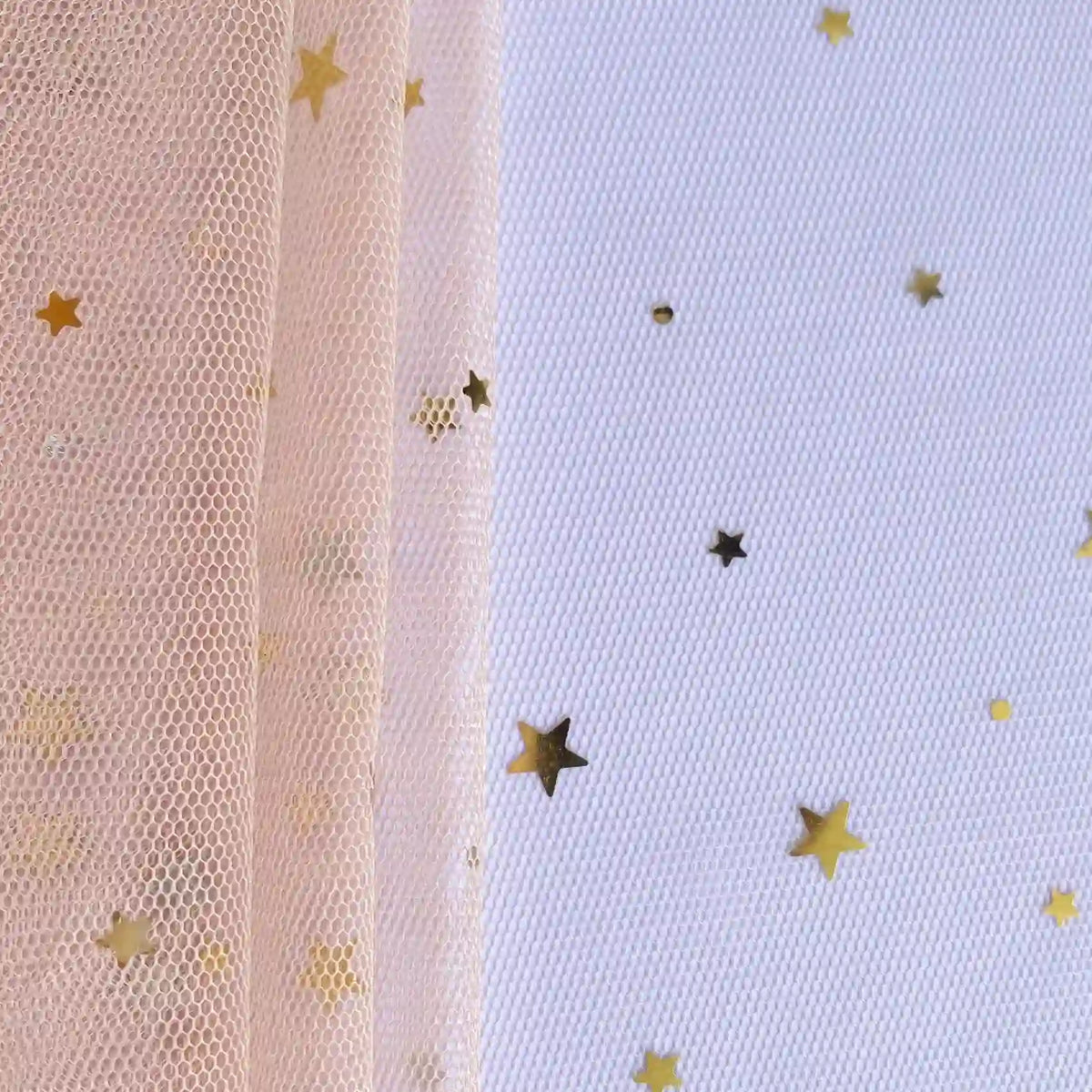 A close-up of Longan Craft’s Moon Star Sequins Tulle Fabric by the yard: multicolor glitter mesh showing folded layers left and flat layer right, perfect for stage costumes or decorative projects.