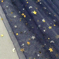 Longan Craft’s Moon Star Sequins Tulle Fabric by the yard features multicolor glitter, gold moons, and stars—ideal for dreamy stage costumes or dancewear. Perfect tulle material to create a striking starry night effect.