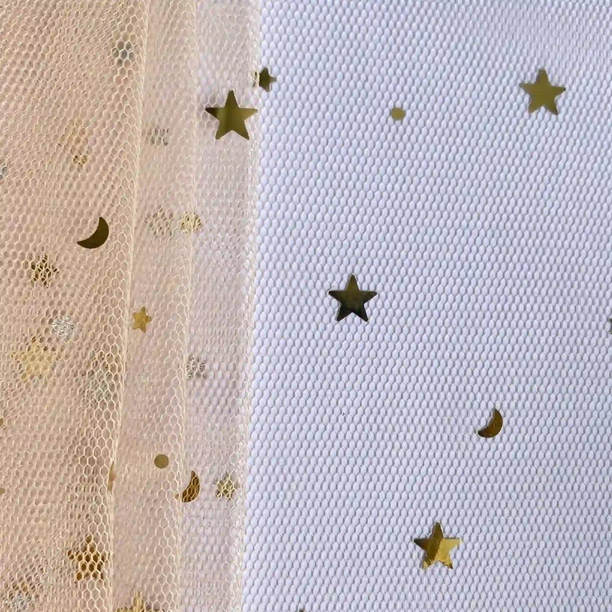 Longan Craft's Moon Star Sequins Tulle Fabric by the yard features multicolor glitter—ideal for stage costumes—shown draped over a white textured background with added gold star sequins on the right.