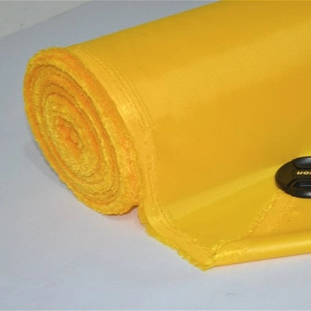 A rolled-up piece of Longan Craft Multicolor 300D PU Coated Oxford Polyester Fabric for bags and backpacks is on a white surface, with a black camera lens cap resting on top.
