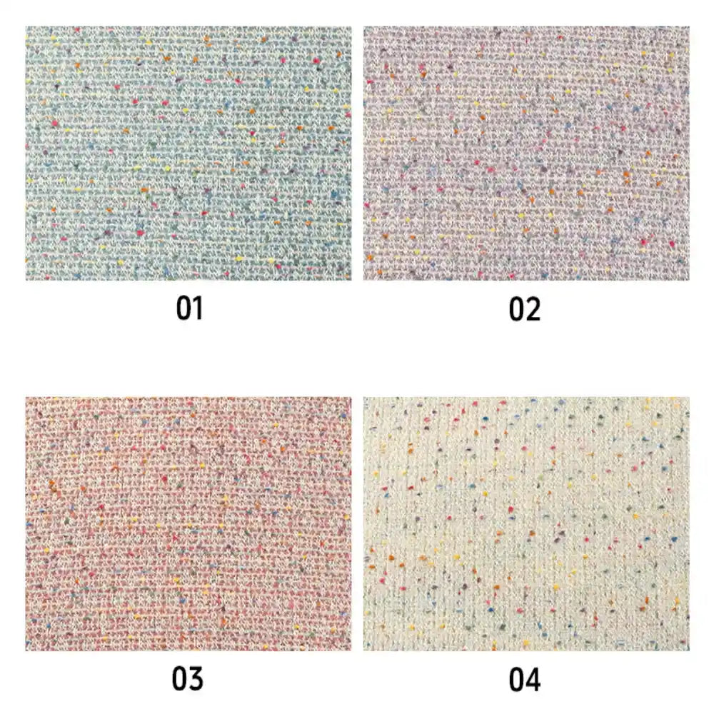 Four rectangular fabric swatches from Longan Craft’s Multicolor Dot Boucle Tweed Fabric By The Yard—a heavyweight jacquard wool blend suiting material—showcase speckled, multicolor patterns and a richly textured woven look reminiscent of classic bouclé tweed. The swatches are labeled 01 (blue), 02 (lavender), 03 (peach), and 04 (off-white).