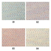 Four rectangular fabric swatches from Longan Craft’s Multicolor Dot Boucle Tweed Fabric By The Yard—a heavyweight jacquard wool blend suiting material—showcase speckled, multicolor patterns and a richly textured woven look reminiscent of classic bouclé tweed. The swatches are labeled 01 (blue), 02 (lavender), 03 (peach), and 04 (off-white).