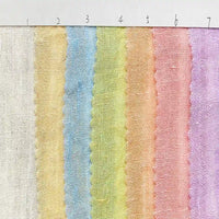 Seven vertical pastel stripes crafted from Longan Craft’s Multicolor Heathered Crepe Fabric By The Yard—made of 100% linen sandwashed crepe—appear in white, yellow, blue, green, orange, pink, and purple. Each stripe is numbered from 1 to 7 along the top edge on a ruler-like white strip.