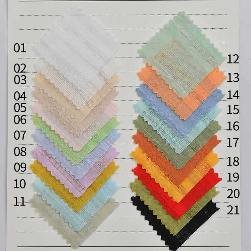 A display of 21 swatches of Longan Craft Multicolor Leno Dobby Fabric By The Yard, pure cotton openwork jacquard for dresses, shown in two vertical columns numbered 01–21 on white with black guidelines; ideal for diverse projects.