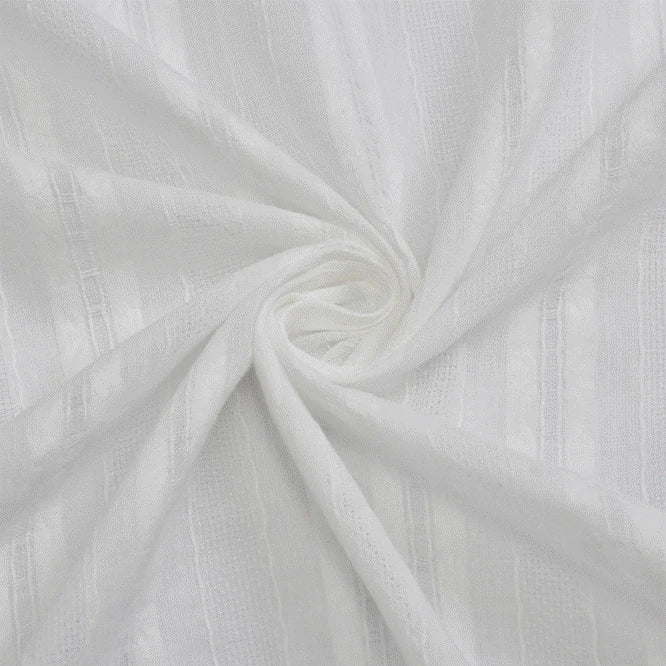 Close-up of Multicolor Leno Dobby Fabric by Longan Craft, pure cotton material with openwork jacquard and a subtle stripe pattern. The semi-sheer textile’s delicate weave and breathable texture are shown in a gentle spiral fold.