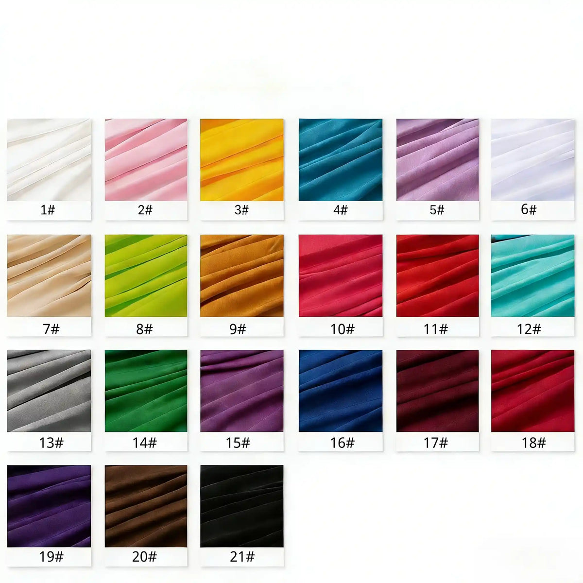 A color chart from Longan Craft shows 21 numbered swatches of Multicolor Polyester Jersey Fabric by the yard, featuring stretchable elastane in shades like white, yellow, blue, and more. Each wrinkle-resistant jersey swatch is labeled 1# to 21#.