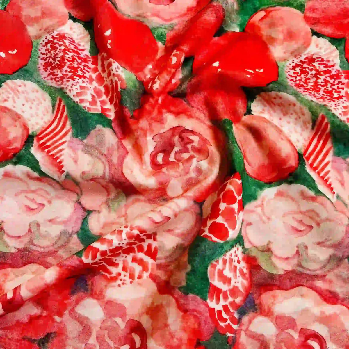 The Multicolor Printed Lawn Fabric By The Yard from Longan Craft features vibrant watercolor-style red and pink flowers with green leaves, creating a dense floral pattern on soft cotton lawn material.