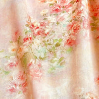 Longan Craft’s Multicolor Printed Lawn Fabric By The Yard features a soft, pure cotton lawn with vintage-style pastel floral prints—pink and peach roses with green leaves on a light beige background. Perfect for dresses or crafts.