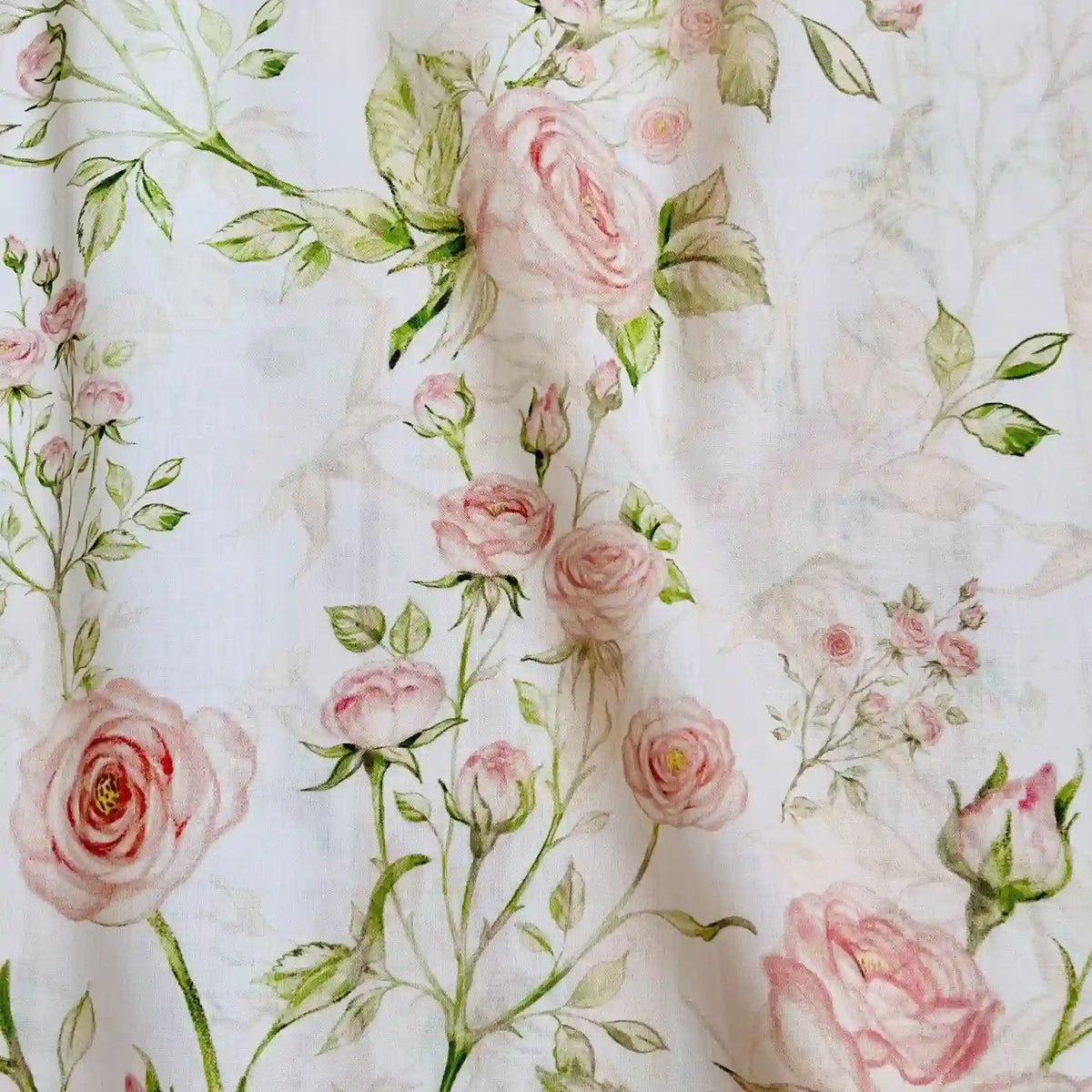 Longan Craft's Multicolor Printed Lawn Fabric By The Yard features pink rose and green leaf floral prints on pure cotton, offering a soft, elegant look—ideal for chic styles with Floral Cotton Lawn Fabric.