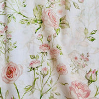 Longan Craft's Multicolor Printed Lawn Fabric By The Yard features pink rose and green leaf floral prints on pure cotton, offering a soft, elegant look—ideal for chic styles with Floral Cotton Lawn Fabric.