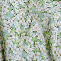 Longan Craft’s Multicolor Printed Lawn Fabric features soft cotton with dense white florals and green leaves on a light blue base, creating a fresh, spring-like look perfect for charming, airy projects.