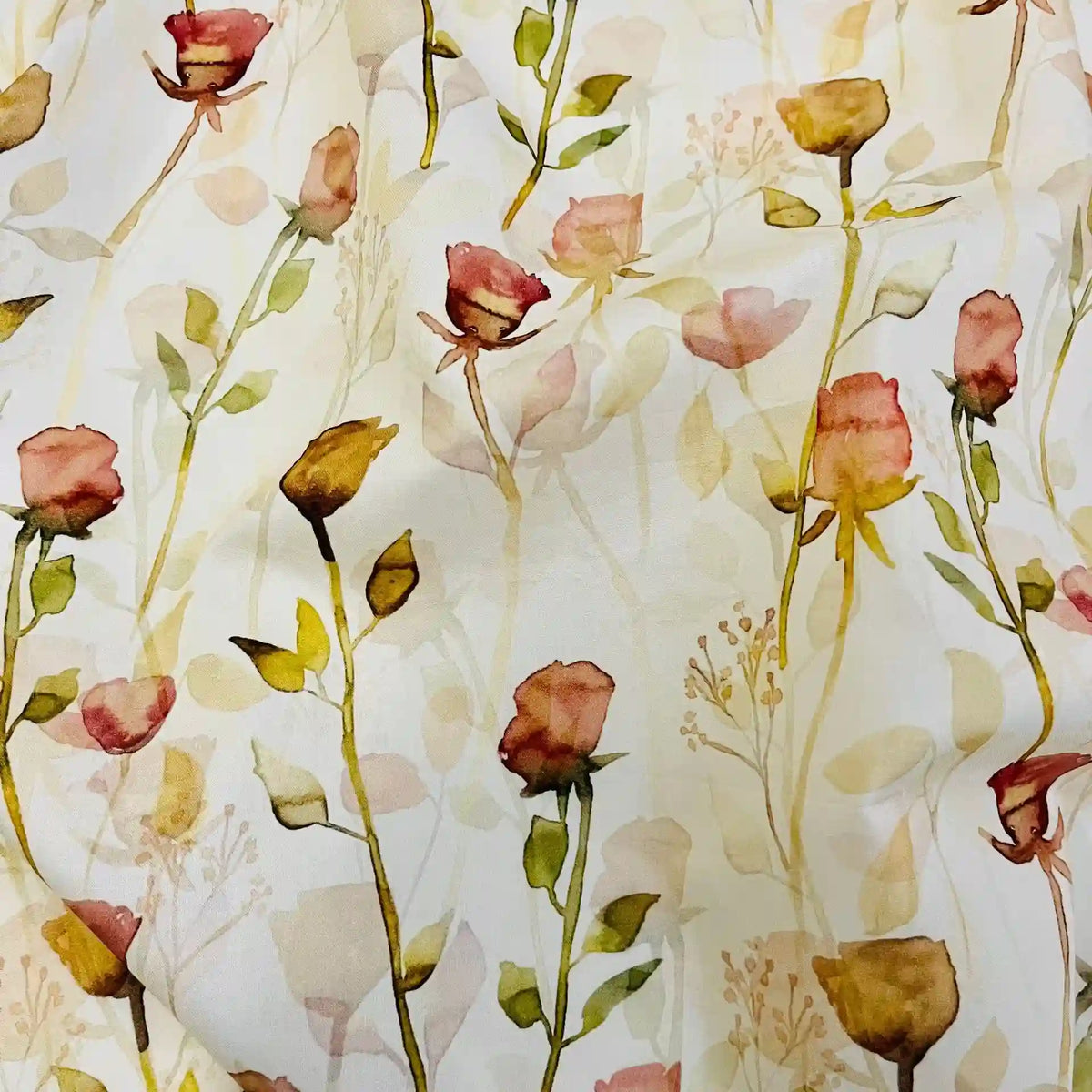 The Longan Craft Multicolor Printed Lawn Fabric By The Yard features a watercolor-style pattern of pink and yellow roses with green leaves on beige. This soft cotton floral lawn fabric is perfect for creating charming, artistic pieces.