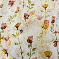 The Longan Craft Multicolor Printed Lawn Fabric By The Yard features a watercolor-style pattern of pink and yellow roses with green leaves on beige. This soft cotton floral lawn fabric is perfect for creating charming, artistic pieces.