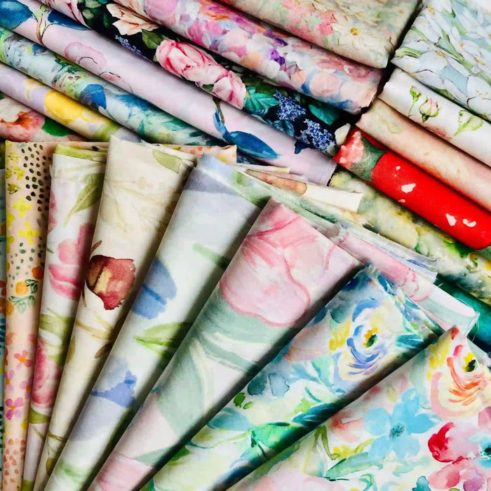Rows of Multicolor Printed Lawn Fabric by the Yard from Longan Craft showcase soft, floral cotton lawn cloths in watercolor-inspired pastel and vibrant hues.