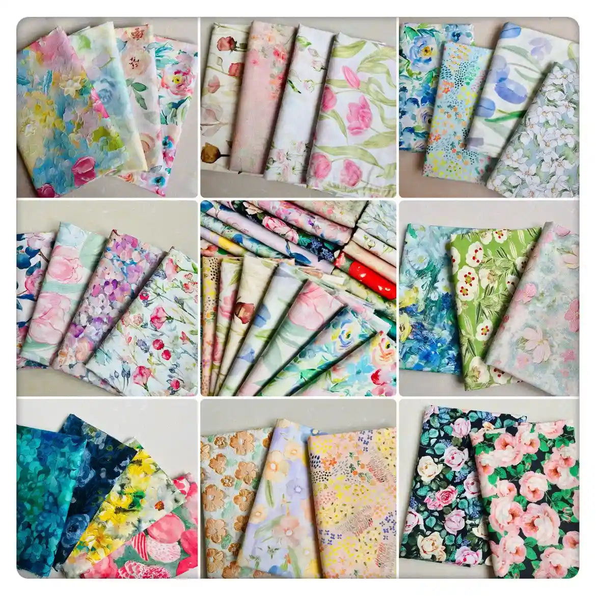 A collage of neatly arranged Multicolor Printed Lawn Fabric By The Yard from Longan Craft highlights floral cotton patterns in soft pastels and vibrant shades, elegantly displayed on a light background.