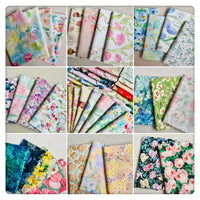 A collage of neatly arranged Multicolor Printed Lawn Fabric By The Yard from Longan Craft highlights floral cotton patterns in soft pastels and vibrant shades, elegantly displayed on a light background.