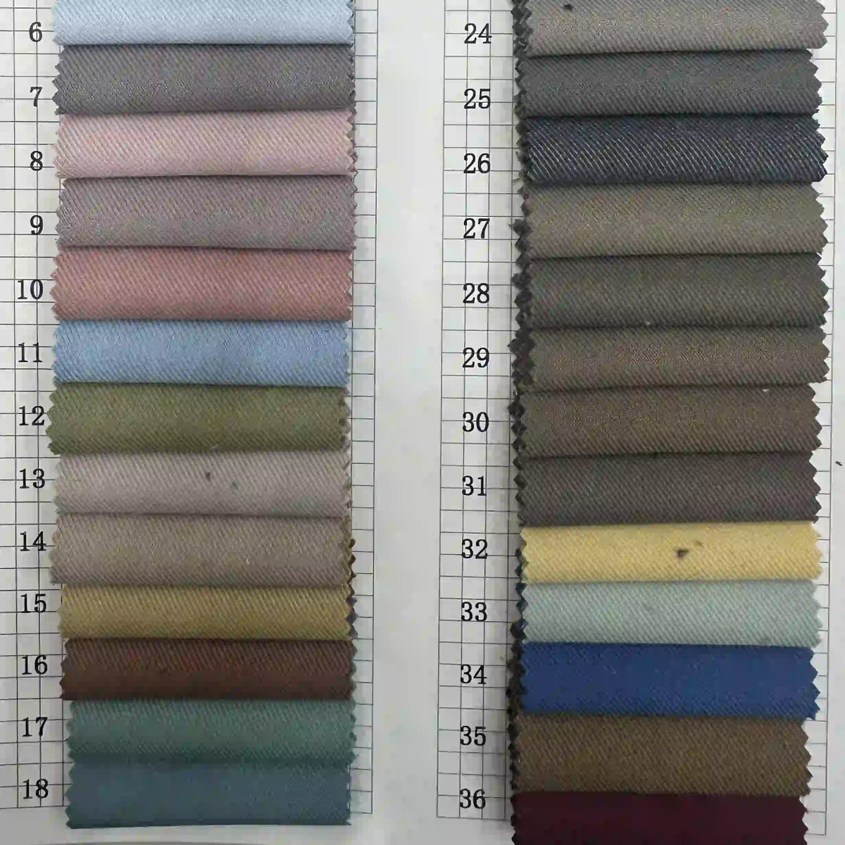 Two columns of numbered Longan Craft Multicolor Rayon Gabardine Fabric by the Yard swatches in blues, grays, pinks, greens, browns, beige, yellow, and dark red are displayed on a white grid background with numbers 1–36.