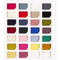 A color chart displays 28 numbered satin viscose fabric swatches from Longan Craft’s Multicolor Satin Viscose Fabric by the Yard, featuring shades of red, blue, green, yellow, pink, gray, white, and beige—ideal for evening gowns.