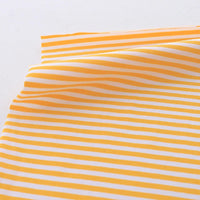Longan Craft’s Multicolor Striped Cotton Jersey Fabric By The Yard is shown laid flat, with smooth, evenly spaced horizontal yellow and white stripes. This stretch elastane jersey fabric is ideal for sportswear and apparel projects.