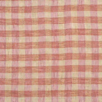A close-up of the Multicolor Washed Plaid Linen Fabric by Longan Craft, featuring a vintage checkered pattern in pink and beige, with a grid of intersecting horizontal and vertical lines on pure breathable linen material—ideal for casual wear.