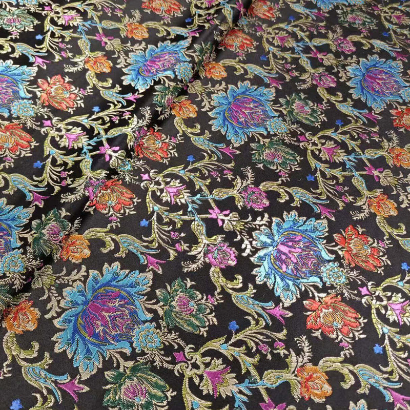 Chinese Flower Silky Brocade Fabric By The Yard-Longan Craft