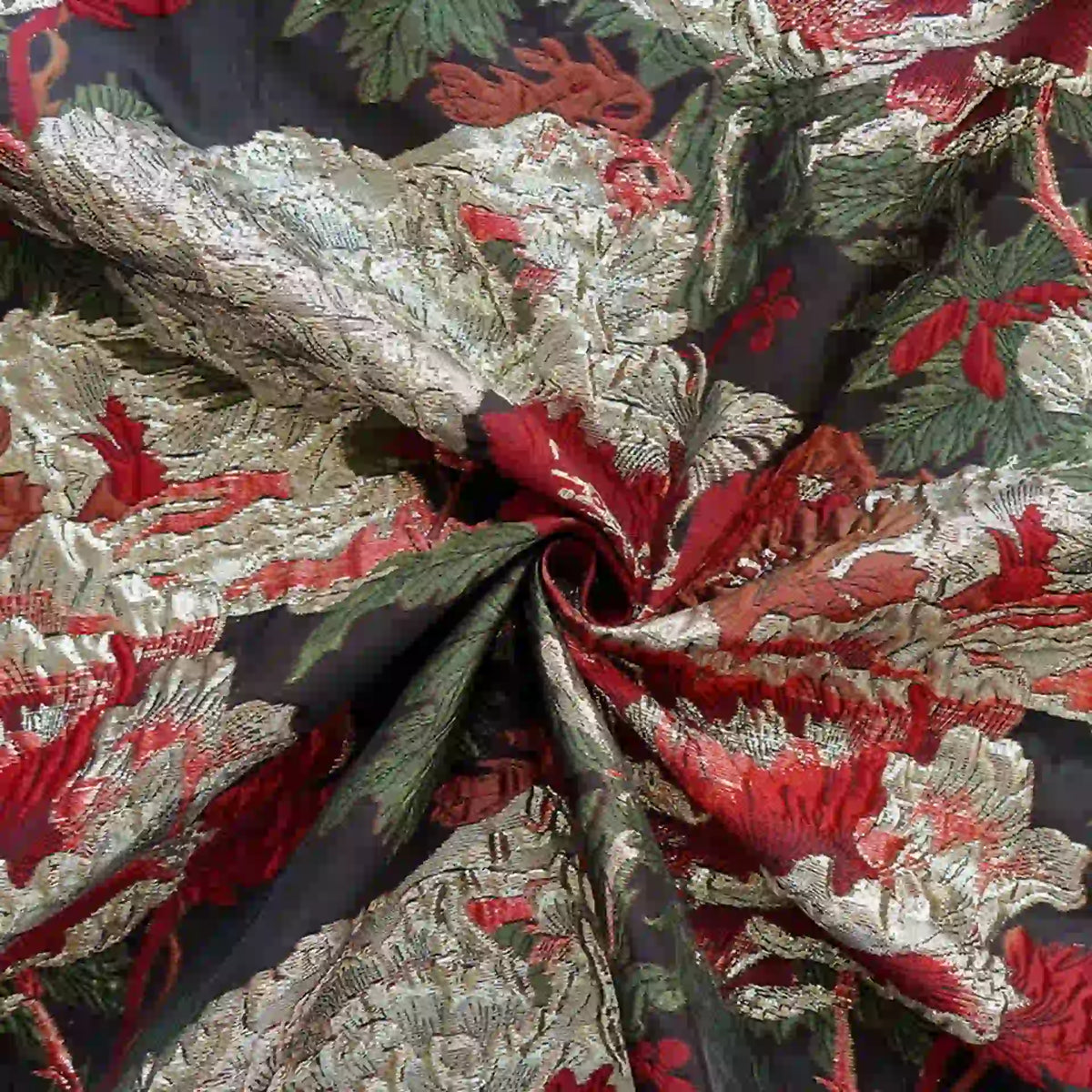Longan Craft's Peony Embossed Metallic Brocade Fabric By The Yard features a golden black floral jacquard texture, perfect for formal dresses and luxury projects with elegant swirling folds and radiant detail.