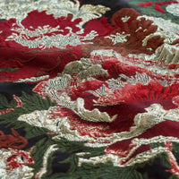 Close-up of Longan Craft’s Peony Embossed Metallic Brocade Fabric: golden black floral jacquard with intricate raised patterns, ideal for formal dresses and luxury projects.