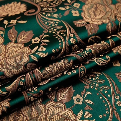 Longan Craft's Peony Jacquard Brocade Fabric By The Yard boasts a colorful Chinese floral design with detailed gold accents—perfect decorative brocade material for formal dresses and luxe crafts.