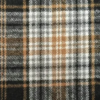 A close-up of Longan Craft's Plaid Brushed Mammoth Flannel Fabric by the yard shows soft, woven polyester-cotton material in black, white, gray, and tan intersecting plaid squares—perfect for comfy fall projects.