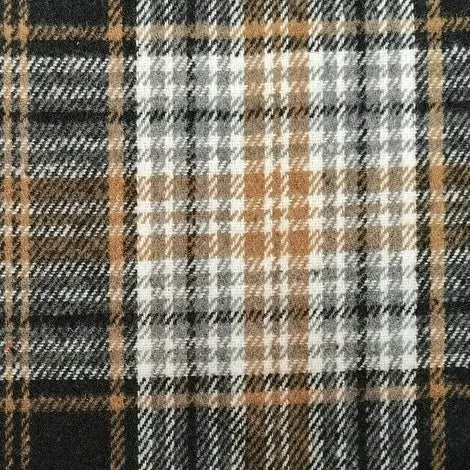 A close-up of Longan Craft's Plaid Brushed Mammoth Flannel Fabric by the yard shows soft, woven polyester-cotton material in black, white, gray, and tan intersecting plaid squares—perfect for comfy fall projects.