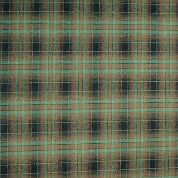 The Longan Craft Plaid Mammoth Flannel Fabric By The Yard is a comfy polyester rayon shirting flannel with a green and brown plaid pattern of intersecting lines forming squares and rectangles.
