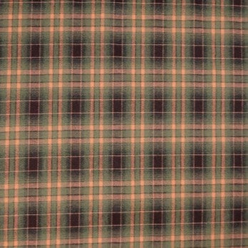 A close-up of Longan Craft's Plaid Mammoth Flannel Fabric by the yard, showing green, black, and tan checkered lines on comfy polyester-rayon flannel—ideal for shirts and crafts.
